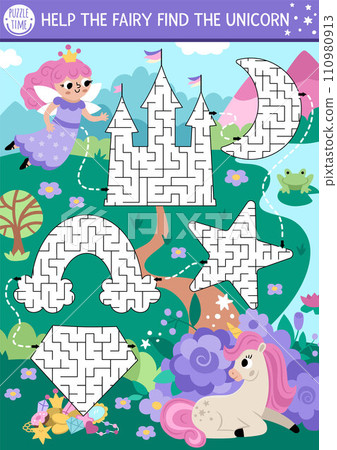 Unicorn maze for kids with geometrical castle, moon, rainbow, star, crystal shapes on fantasy country background scene. Fairytale preschool printable activity. Magic labyrinth game puzzle with fairy 110980913