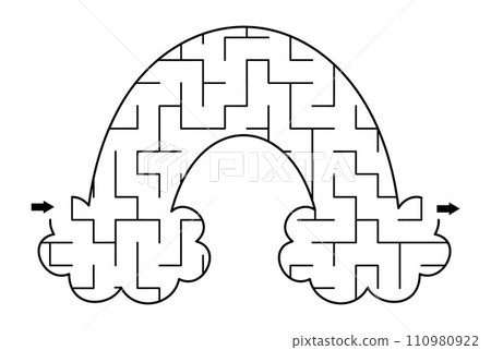 Geometrical maze for kids shaped as rainbow. Fairytale or unicorn themed preschool printable activity. Simple magic or fantasy labyrinth game puzzle 110980922