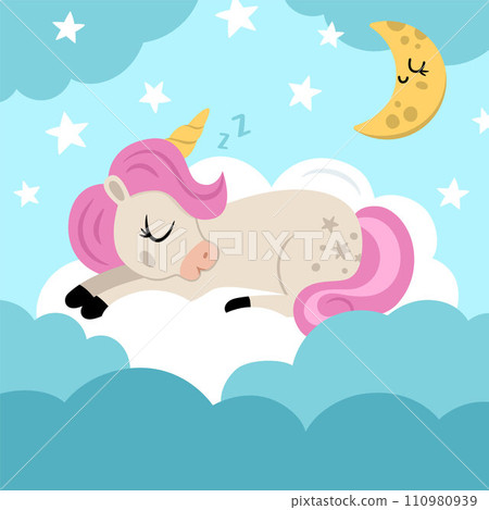 Vector square background with unicorn sleeping on cloud under clouds, stars. Magic or fantasy world scene. Fairytale landscape for card, post, book. Cute night sky illustration for kids Vector square background with unicorn sleeping on cloud under clouds, stars. Magic or fantasy world scene. Fairytale landscape for card, post, book. Cute night sky illustration for kids 110980939