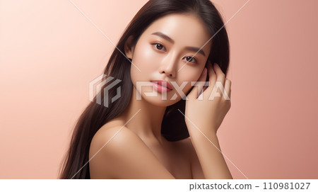 Generative AI The image showcases a young Asian woman with a serene expression, touching her face gently. 110981027