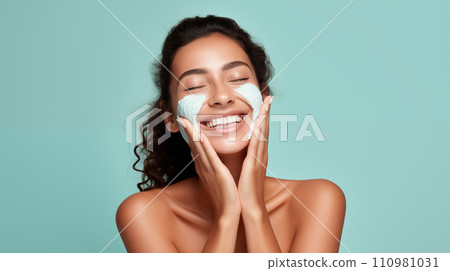 Generative AI The image depicts a joyful young woman applying facial cream, with a bright and playful expression. Generative AI The image depicts a joyful young woman applying facial cream, with a bright and playful expression. 110981031