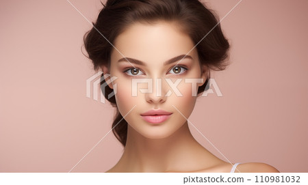 Generative AI The image showcases a young woman with a serene and elegant demeanor, her delicate features complemented by subtle makeup. Generative AI The image showcases a young woman with a serene and elegant demeanor, her delicate features complemented by subtle makeup. 110981032