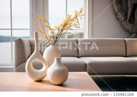 Yellow flowers in white ceramic vases on the table near the sofa in the living room in a modern minimalist style 110981108