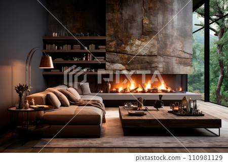 Scandinavian interior of the living room with fireplace, sofa, coffee table and lamp 110981129