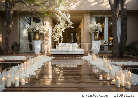 Wedding decoration of the villa's outdoor terrace with candles and white flowers 110981152