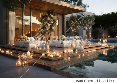 Outdoor lounge area for a wedding with sofas on a wooden terrace, decorated with white flowers and candles 110981153