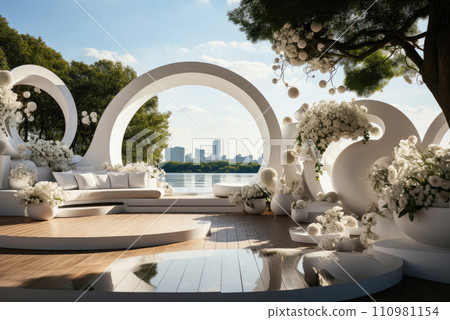 Outdoor lounge area for a wedding with sofas on a wooden terrace, decorated with white flowers and candles 110981154