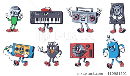 Hip hop music mascots. Beat-boxing microphone, synth keyboard, cassette rap mix tape and groovy vinyl record player vector characters set Hip hop music mascots. Beat-boxing microphone, synth keyboard, cassette rap mix tape and groovy vinyl record player vector characters set 110981301