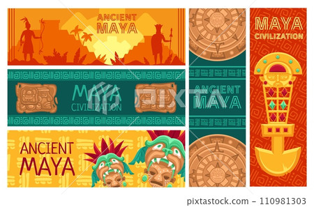 Maya civilization banners. Ancient Mayan calendar, pyramids and Mesoamerican traditional artifacts vector design template set 110981303