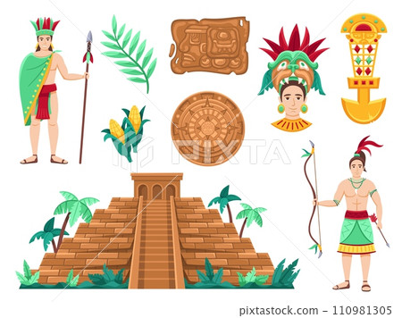 Maya civilization. Majestic pyramid, ancient Maya calendar wheel, people adorned with traditional headdresses and garments vector illustration set Maya civilization. Majestic pyramid, ancient Maya calendar wheel, people adorned with traditional headdresses and garments vector illustration set 110981305