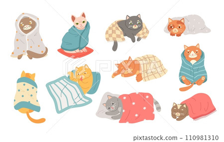 Cute cat sleeping under blanket. Cozy domestic kitten, adorable felines wrapped in blankets and enjoying peaceful slumber vector set Cute cat sleeping under blanket. Cozy domestic kitten, adorable felines wrapped in blankets and enjoying peaceful slumber vector set 110981310