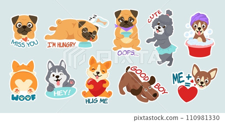 Funny cartoon dog stickers. Adorable puppy characters, cute pug and good boy pet vector illustration set Funny cartoon dog stickers. Adorable puppy characters, cute pug and good boy pet vector illustration set 110981330