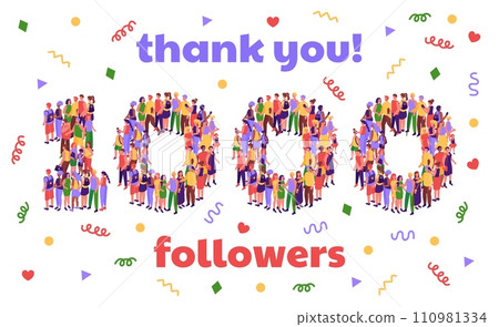 Thank you 1000 followers banner. Social media thousand subscriber milestone celebration party confetti and people crowd number isometric vector illustration 110981334