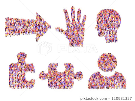 Society icons. People crowd forming community direction arrow, helpful hand and team head. Person and jigsaw puzzle piece employee forum icon vector illustration set 110981337