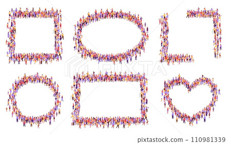 Top view crowd frames. Community unity frame with diverse group of people forming square, oval, circle, rectangle and heart shape borders vector set 110981339