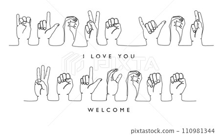 Sign deaf language. I love you and welcome word in American sign language ASL hand gestures continuous one line educational vector illustration set Sign deaf language. I love you and welcome word in American sign language ASL hand gestures continuous one line educational vector illustration set 110981344