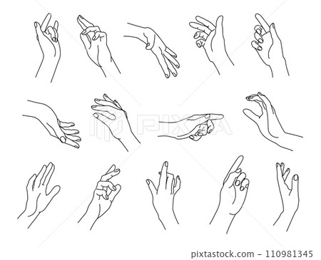 Set of linear human palms. Hand gestures for pointing, holding, snapping and gentle touch isolated vector line illustration set Set of linear human palms. Hand gestures for pointing, holding, snapping and gentle touch isolated vector line illustration set 110981345