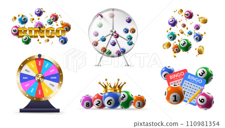 Lotteries game. Fortune wheel, bingo tickets and lottery balls in spinning dispenser. Lucky numbers combination isolated 3D vector illustration set 110981354
