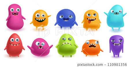 Funny monsters. Blob shape creatures with silly 3D faces, color jelly monsters vector illustration set Funny monsters. Blob shape creatures with silly 3D faces, color jelly monsters vector illustration set 110981356