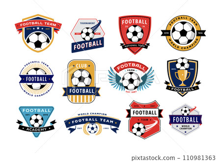Soccer club badge collection. Football team emblems with soccer balls, sport game tournament labels vector set Soccer club badge collection. Football team emblems with soccer balls, sport game tournament labels vector set 110981363