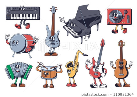 Cartoon musical instrument characters. Music mascots keyboard synthesizer, bass guitar, grand piano and vinyl turntable. Electric and acoustic guitars 110981364