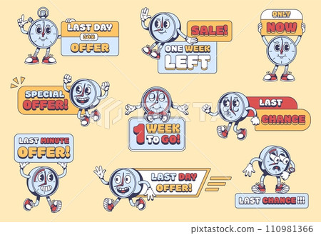 Cartoon limited time promo banners. Last day special offer stopwatch mascot, last minute, hour and week chance sale label with clock character isolated vector illustration Cartoon limited time promo banners. Last day special offer stopwatch mascot, last minute, hour and week chance sale label with clock character isolated vector illustration 110981366