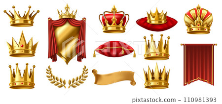 Realistic 3D royal elements. Golden crown on red pillow, crowned shield and gold laurel wreath vector illustration set 110981393