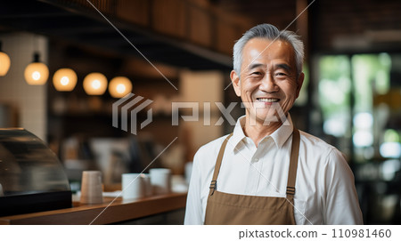 Generative AI Old Asian man smiling with confidence in a coffee shop. 110981460