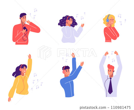 People listening music in earphones and headphones People listening music in earphones and headphones 110981475