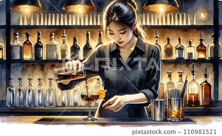 Generative AI The image shows a focused female bartender pouring a drink, surrounded by an array of bottles in a bar setting. Generative AI The image shows a focused female bartender pouring a drink, surrounded by an array of bottles in a bar setting. 110981521