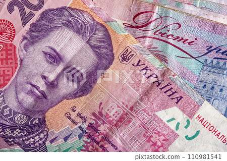This close-up photo provides a detailed perspective of Ukrainian money, showcasing the diversity of Hryvnia banknotes, including the two hundred hryvnias denomination. 110981541