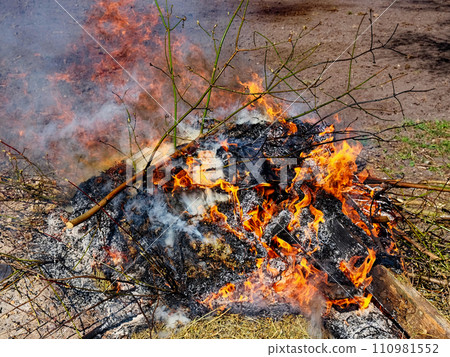 Orange flames and smoke emanate from burnt wood. 110981552
