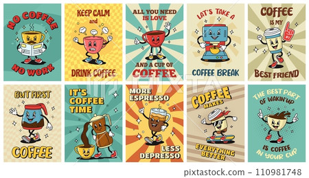 Retro coffee posters. Cartoon espresso cups, coffee house stickers with slogans in style of 1930s rubber hose animation. Vector illustration set Retro coffee posters. Cartoon espresso cups, coffee house stickers with slogans in style of 1930s rubber hose animation. Vector illustration set 110981748
