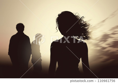 Silhouettes of one young girl and two young lads outdoor 110981756