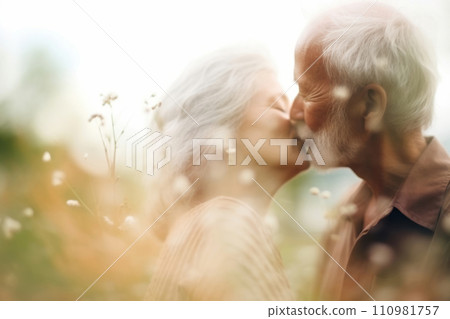 Old man and woman kiss in the garden 110981757