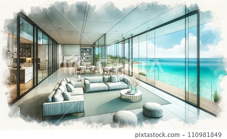 Generative AI The image showcases an elegant, contemporary beachfront villa with seamless indoor-outdoor living space, harmoniously blending with the tranquil seascape. 110981849