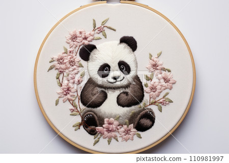 Embroidery of little panda among pink flowers in round frame 110981997