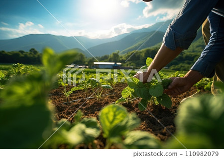 AI-generated content. close-up of a farmer's hands holding freshly harvested vegetables Generative AI 110982079