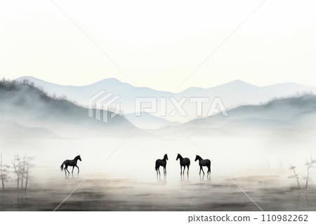 Horses in frog against a background of mountains 110982262