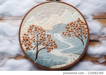 Embroidery winter landscape in circle frame 110982306