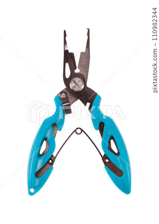Tackle pliers for fishing blue color isolated on white background. 110982344