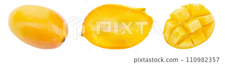 Set of mango fruits and mango slices  isolated in white background. Healthy food. 110982357