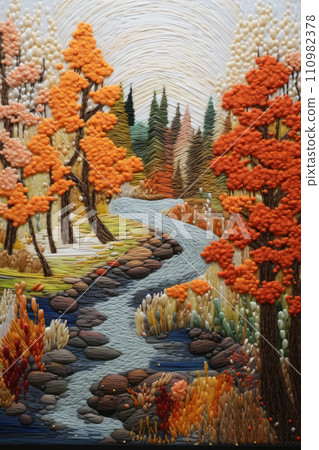 Beautiful decorative embroidery of autumn landscape 110982378