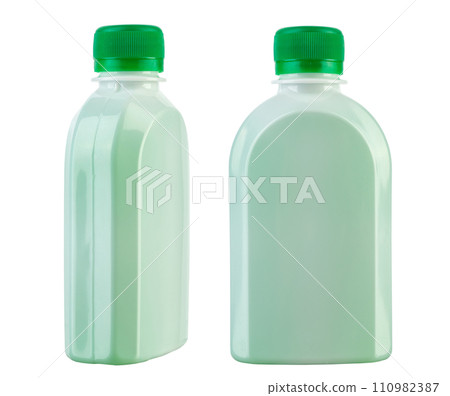 Two bottles of detergent in a plastic bottle without an inscription, isolated on a white background. Two bottles of detergent in a plastic bottle without an inscription, isolated on a white background. 110982387