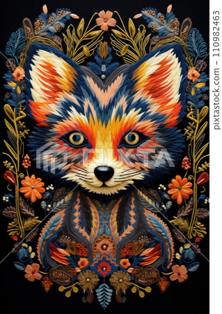 Bright embroidery of little red fox among flowers in folk style 110982463