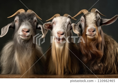 Group portrait of three domestic shaggy horned male goats Group portrait of three domestic shaggy horned male goats 110982465