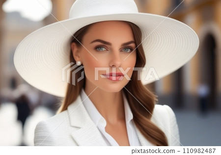 Close up of a young woman wearing a white hat and white dress 110982487