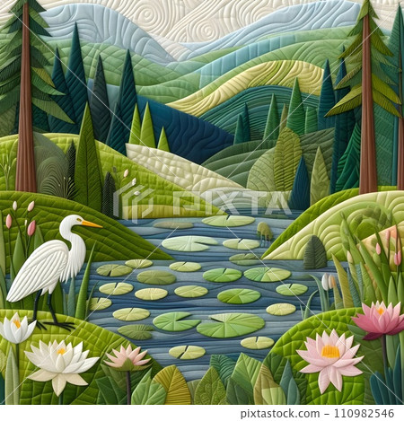 Quilted paper landscape with water lilies and heron. Quilted paper landscape with water lilies and heron. 110982546