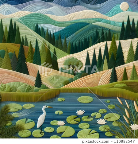 Quilted paper landscape with water lilies and heron. Quilted paper landscape with water lilies and heron. 110982547