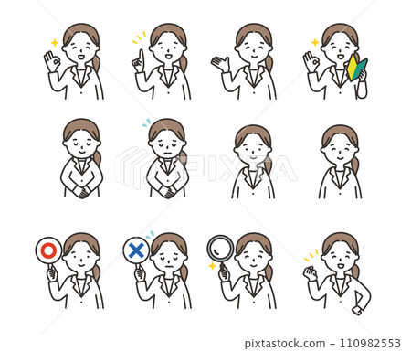 Pose illustration set of a woman wearing a white coat 110982553